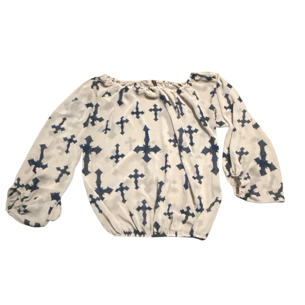 Emma Rose Bishop Sleeve Top Cross Print Beige Blouse Sheer Long‎ Sleeve